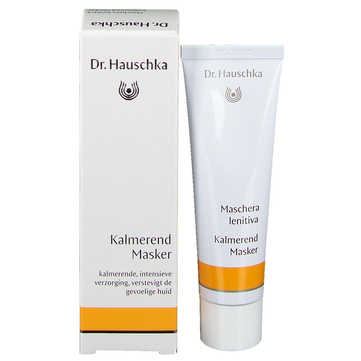 Produktverpackung mit Tube. Weiße Schachtel und Tube. Aufschrift: Dr. Hauschka, Kalmerend Masker.