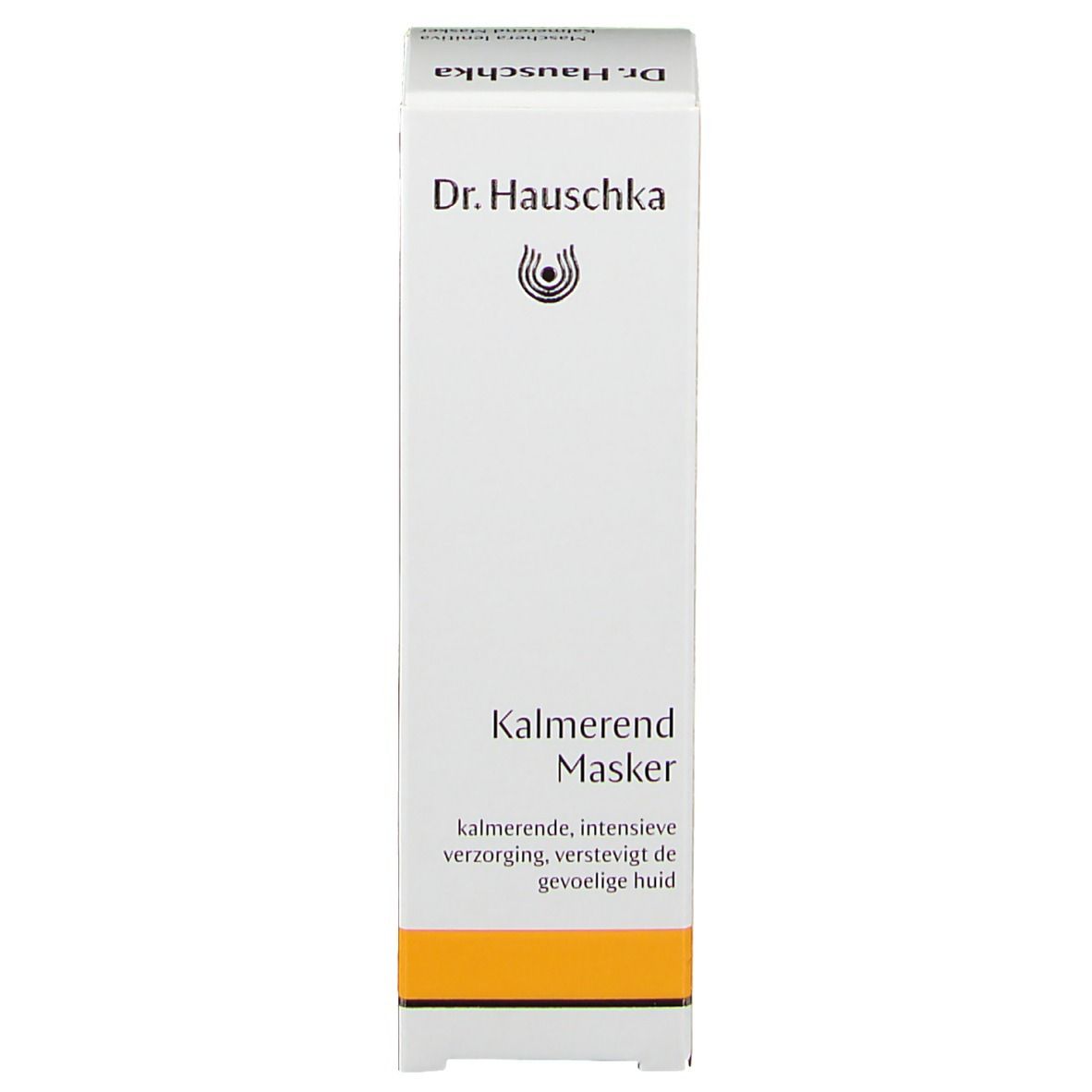 Weiße Schachtel mit gelbem Streifen. Aufschrift: Dr. Hauschka, Kalmerend Masker.