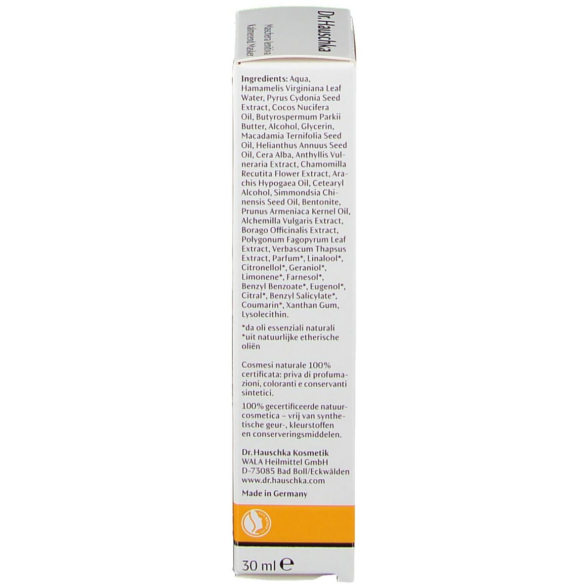 Seitenansicht einer Dr. Hauschka Kosmetik-Verpackung mit Inhaltsstoffliste und 30 ml Angabe.