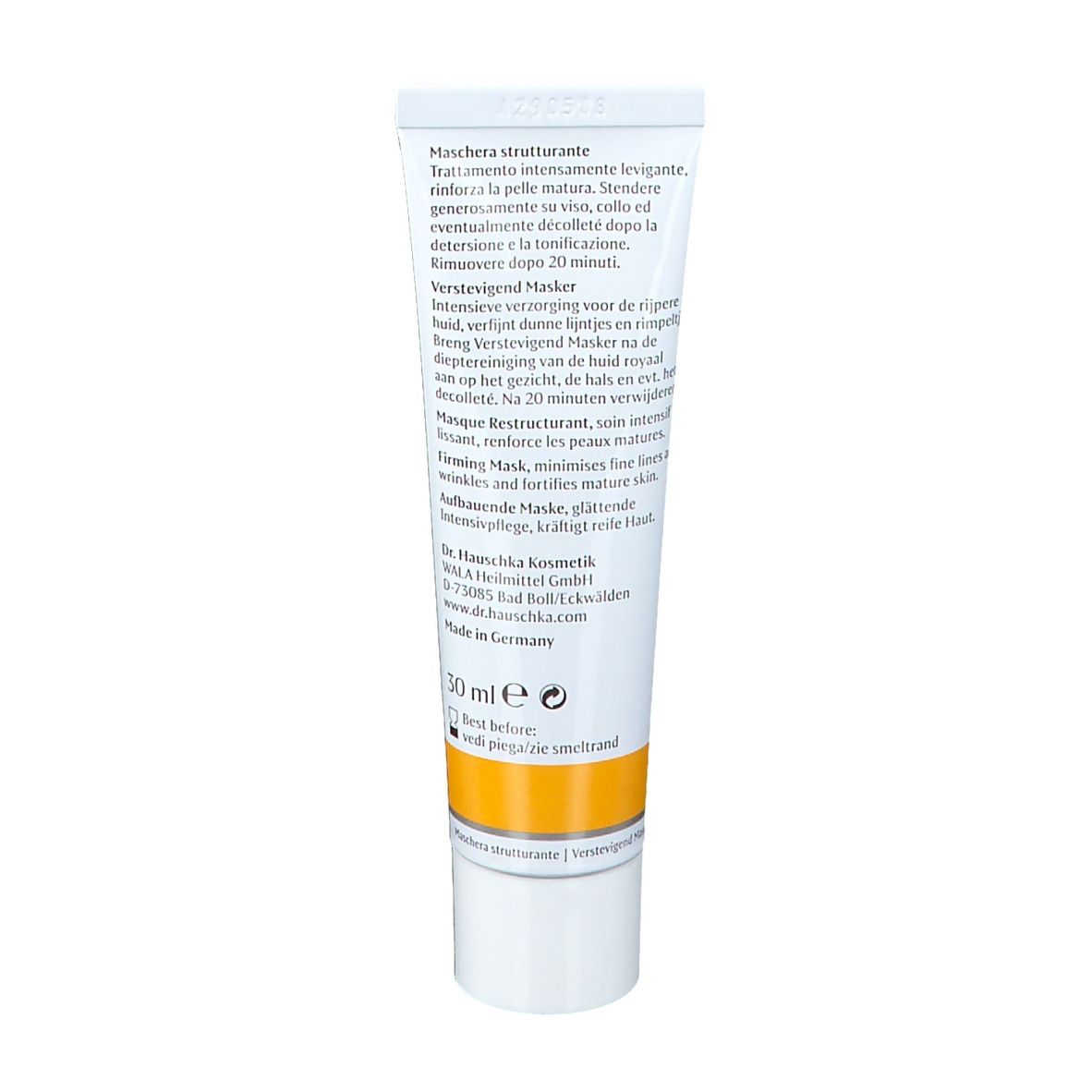 Dos du tube. Texte multilingue. Inscription: Dr. Hauschka, 30 ml e, Made in Germany.