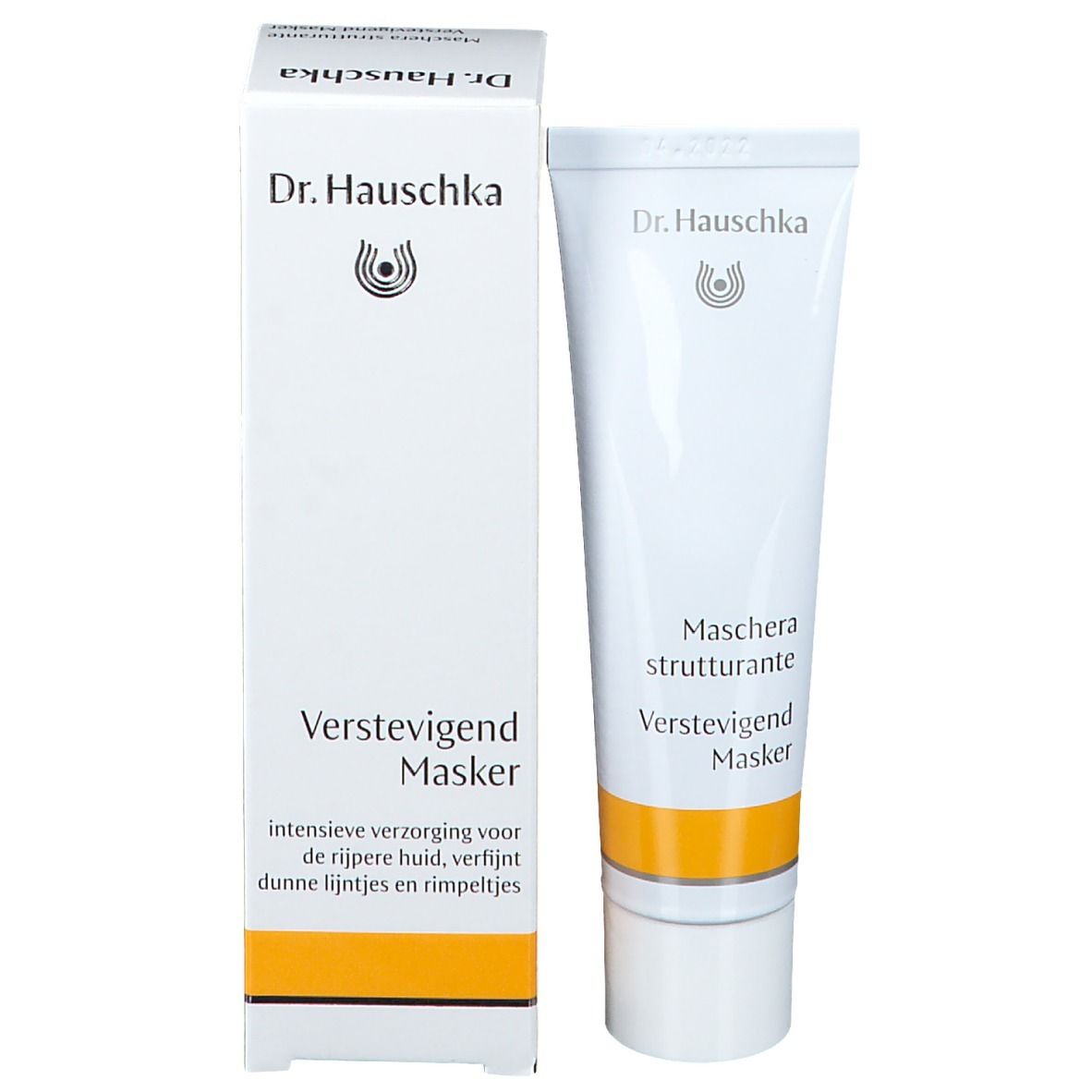 Tube et boîte. Inscription: Dr. Hauschka, Verstevegend Masker. Bande jaune.