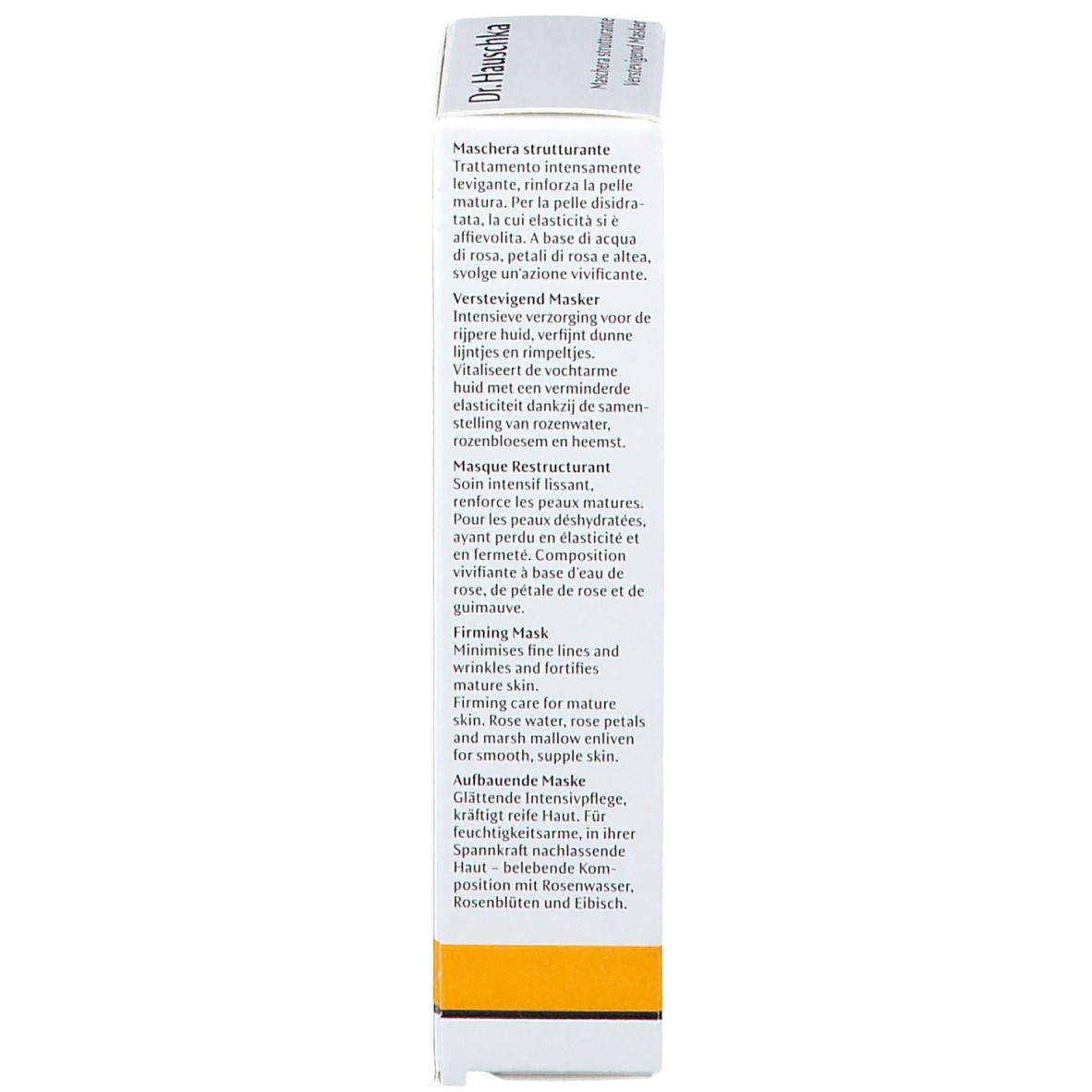 Boîte. Texte multilingue. Inscription: Dr. Hauschka, Verstevegend Masker. Bande jaune.