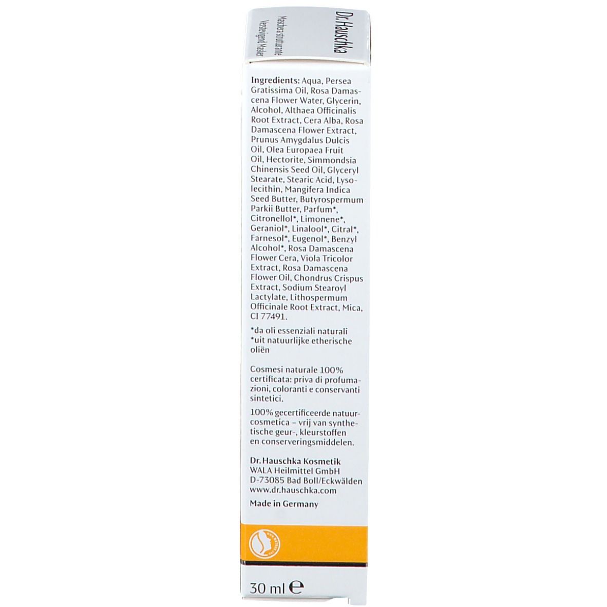 Boîte. Ingrédients et certifications. Inscription: Dr. Hauschka, 30 ml e, Made in Germany.