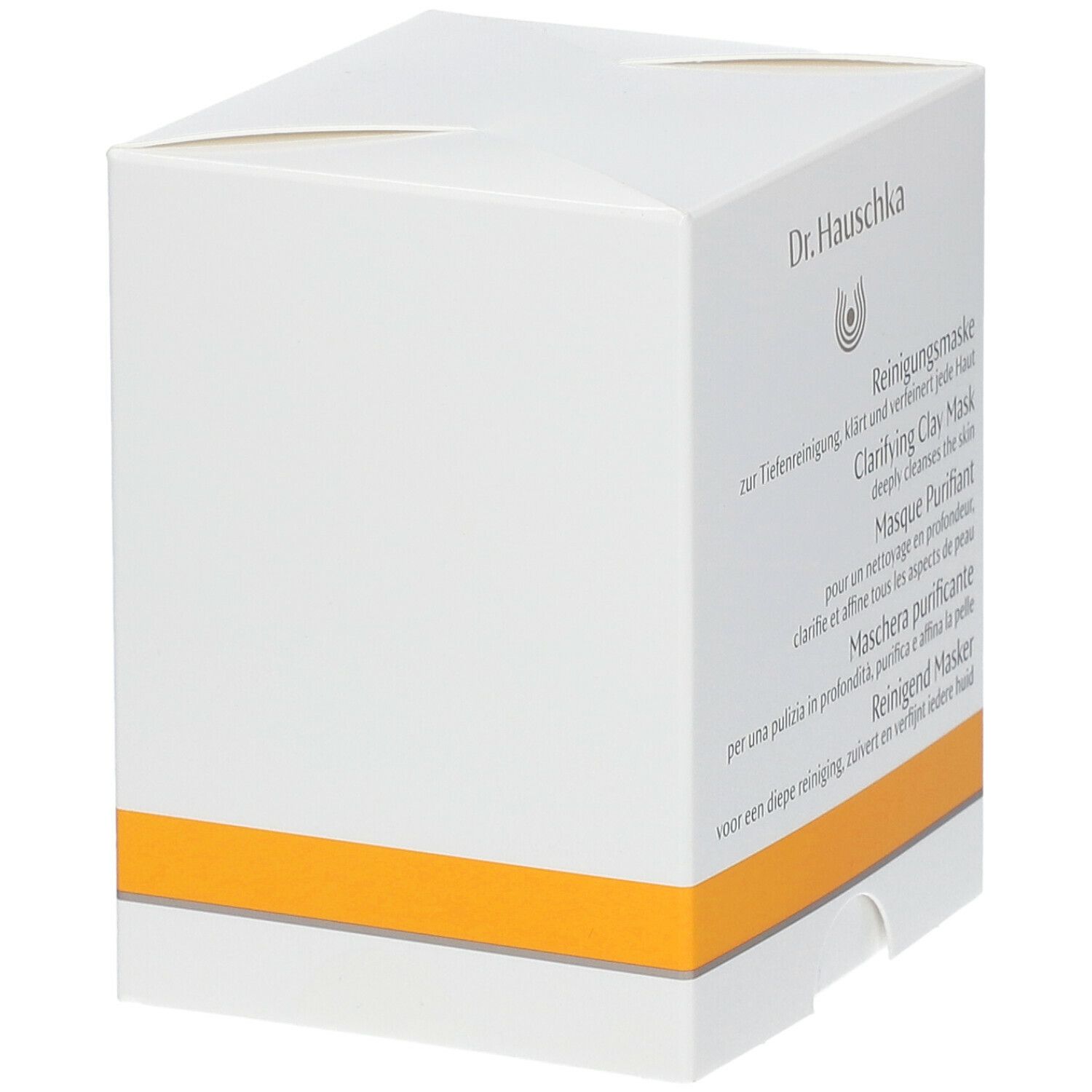 Witte kartonnen verpakking met gele streep. Opschrift: Dr. Hauschka, Reinigend Masker, Clarifying Clay Mask.