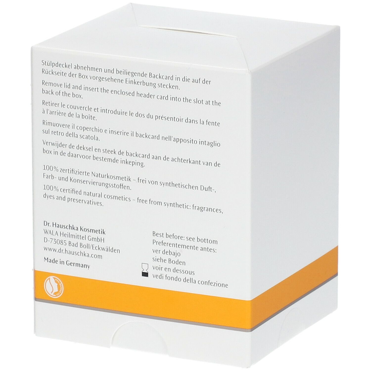 Achterkant van de witte kartonnen verpakking. Meertalige tekst. Opschrift: 100% gecertificeerde natuurlijke cosmetica.