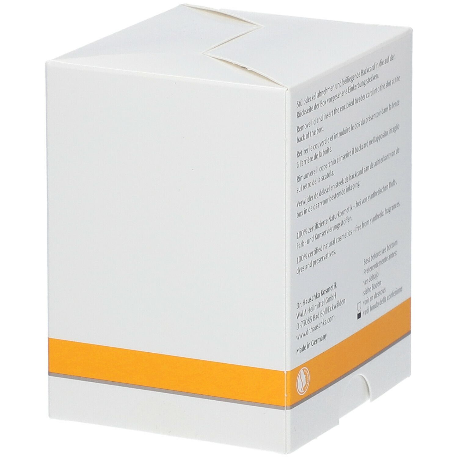 Achterkant van de witte kartonnen verpakking. Meertalige tekst. Opschrift: 100% gecertificeerde natuurlijke cosmetica.