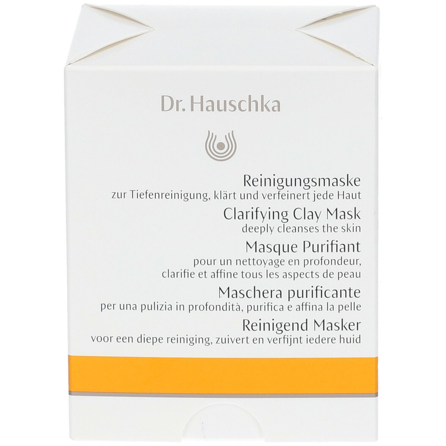 Witte kartonnen verpakking met gele streep. Opschrift: Dr. Hauschka, Reinigend Masker, Clarifying Clay Mask.
