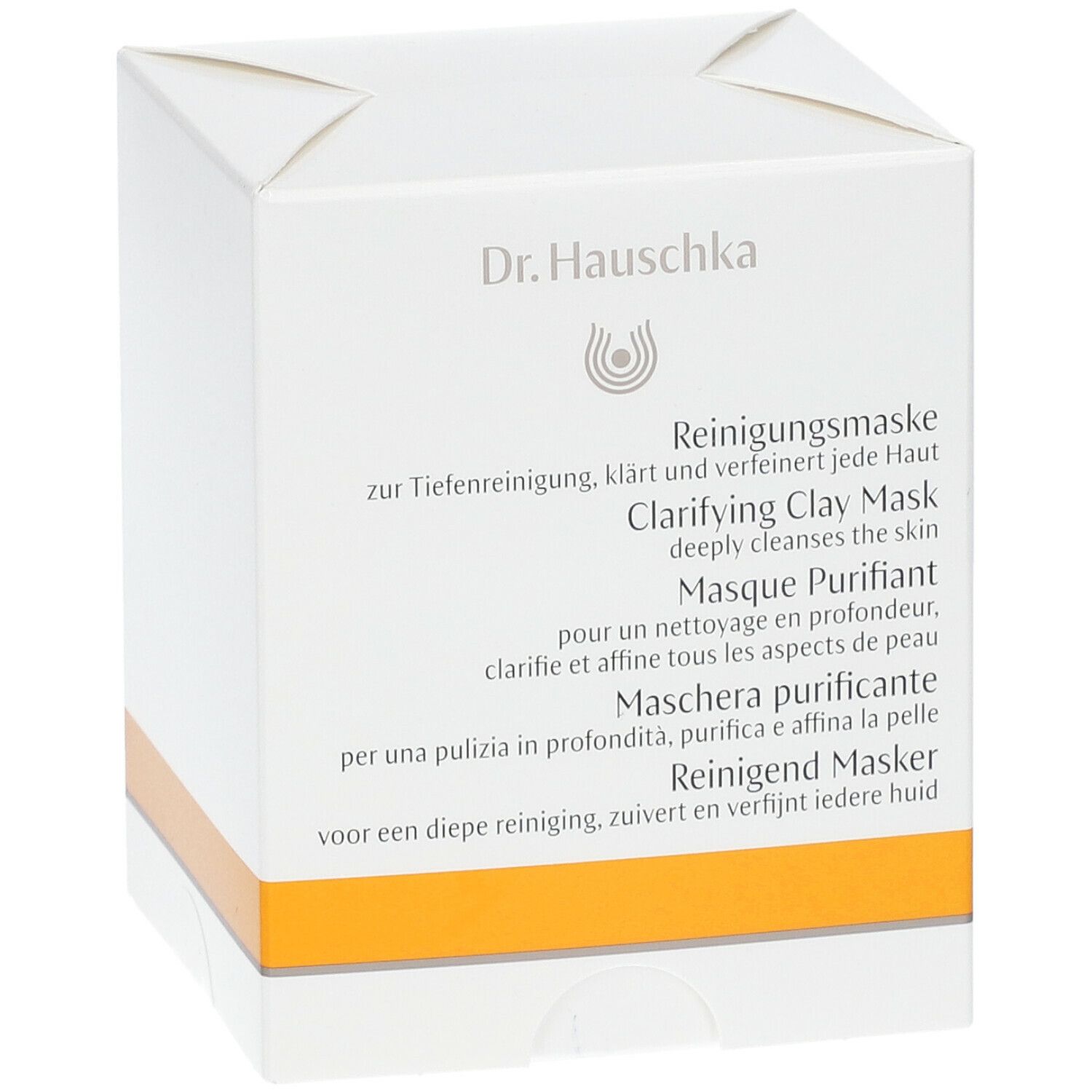 Witte kartonnen verpakking met gele streep. Opschrift: Dr. Hauschka, Reinigend Masker, Clarifying Clay Mask.