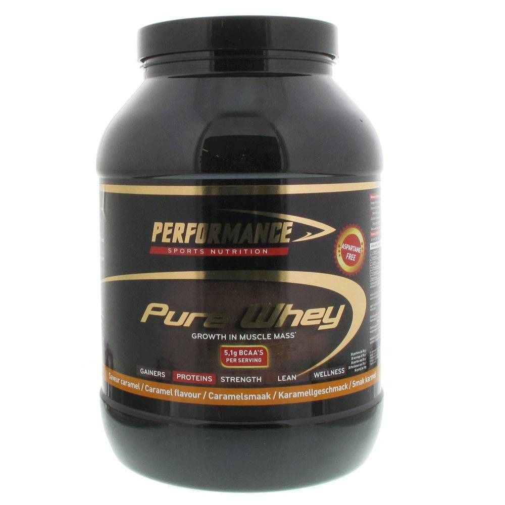 Zwarte pot "Performance Pure Whey". Gouden tekst. Bevat 5,1g BCAA. Smaak: Caramel, karamelsmaak.