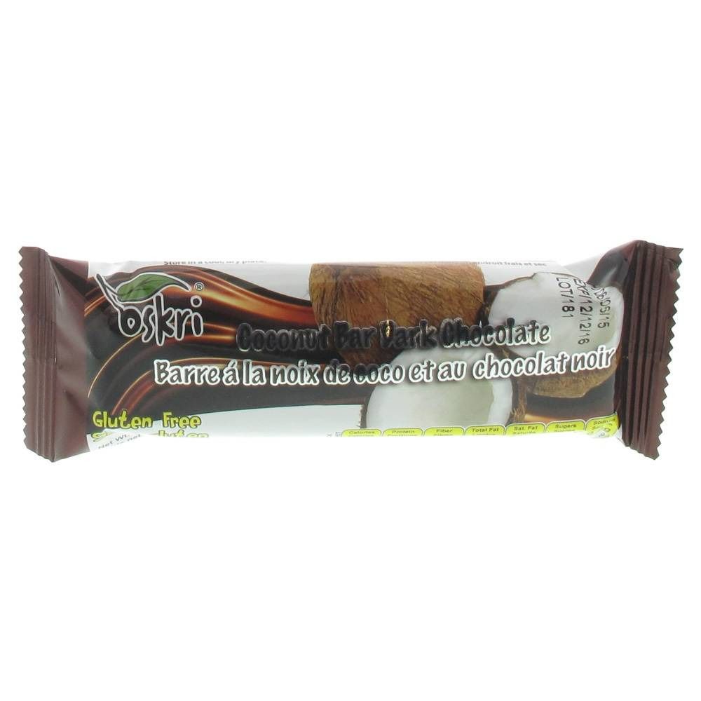 Verpakte chocoladereep. Opschrift: Oskri, Coconut Bar Dark Chocolate, Barre à la noix de coco et au chocolat noir. Glutenvrij.