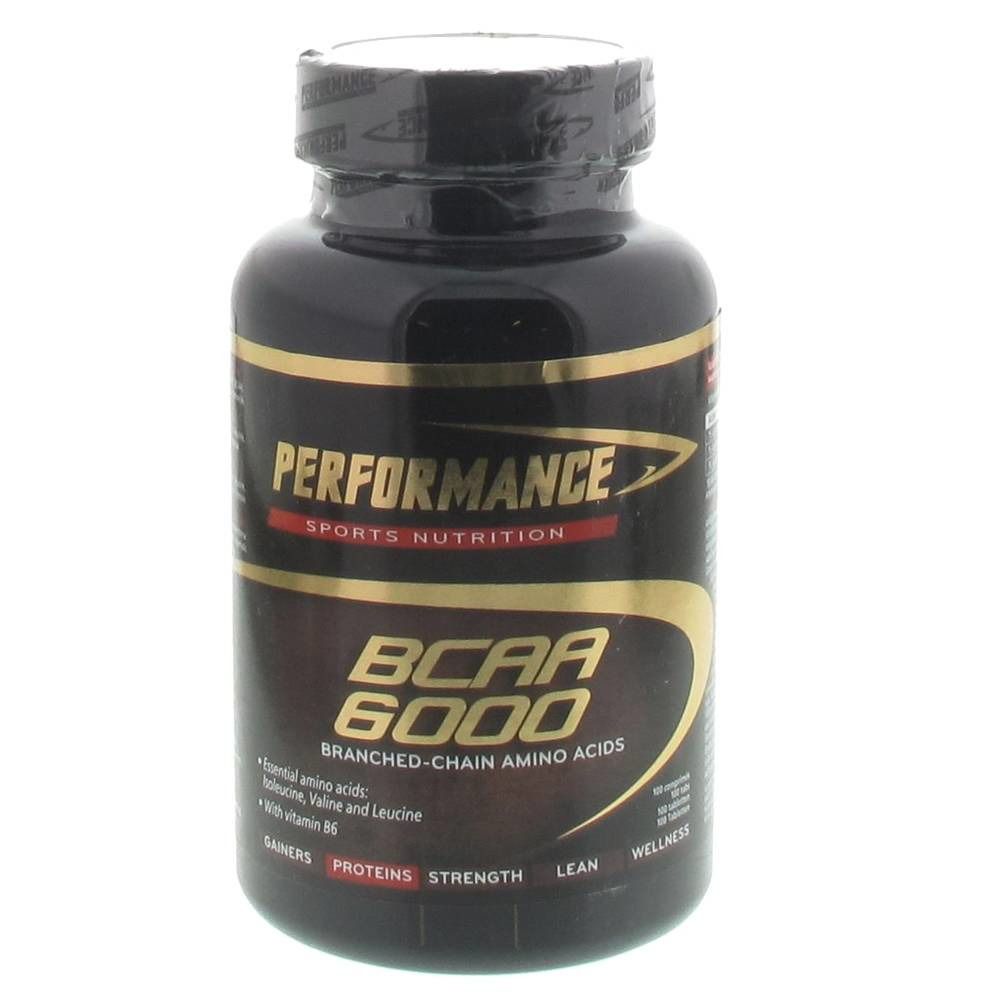 Flacon marron avec bouchon noir. Inscription : PERFORMANCE SPORTS NUTRITION, BCAA 6000. Contient des acides aminés à chaîne ramifiée.