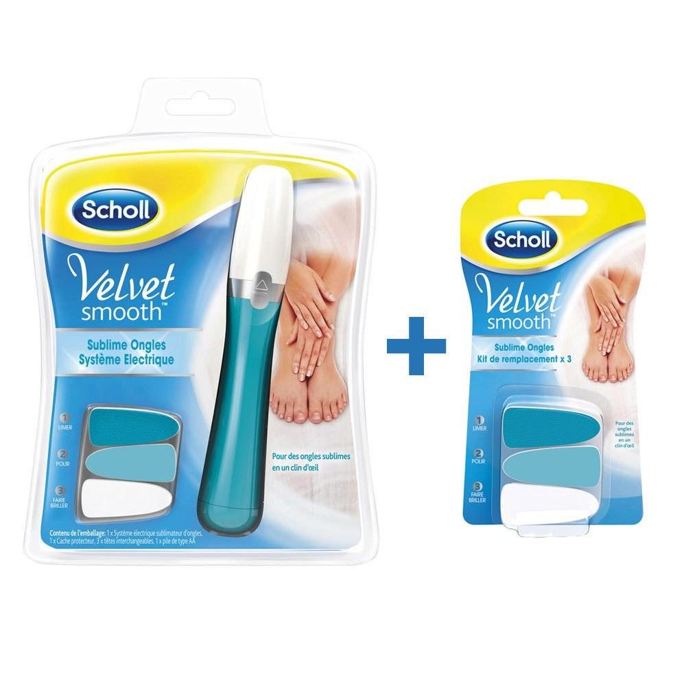 Scholl Velvet Smooth elektrisch nagelverzorgingssysteem en vervangingskit. Verpakking met product en reservekoppen. Blauw, wit en turquoise.