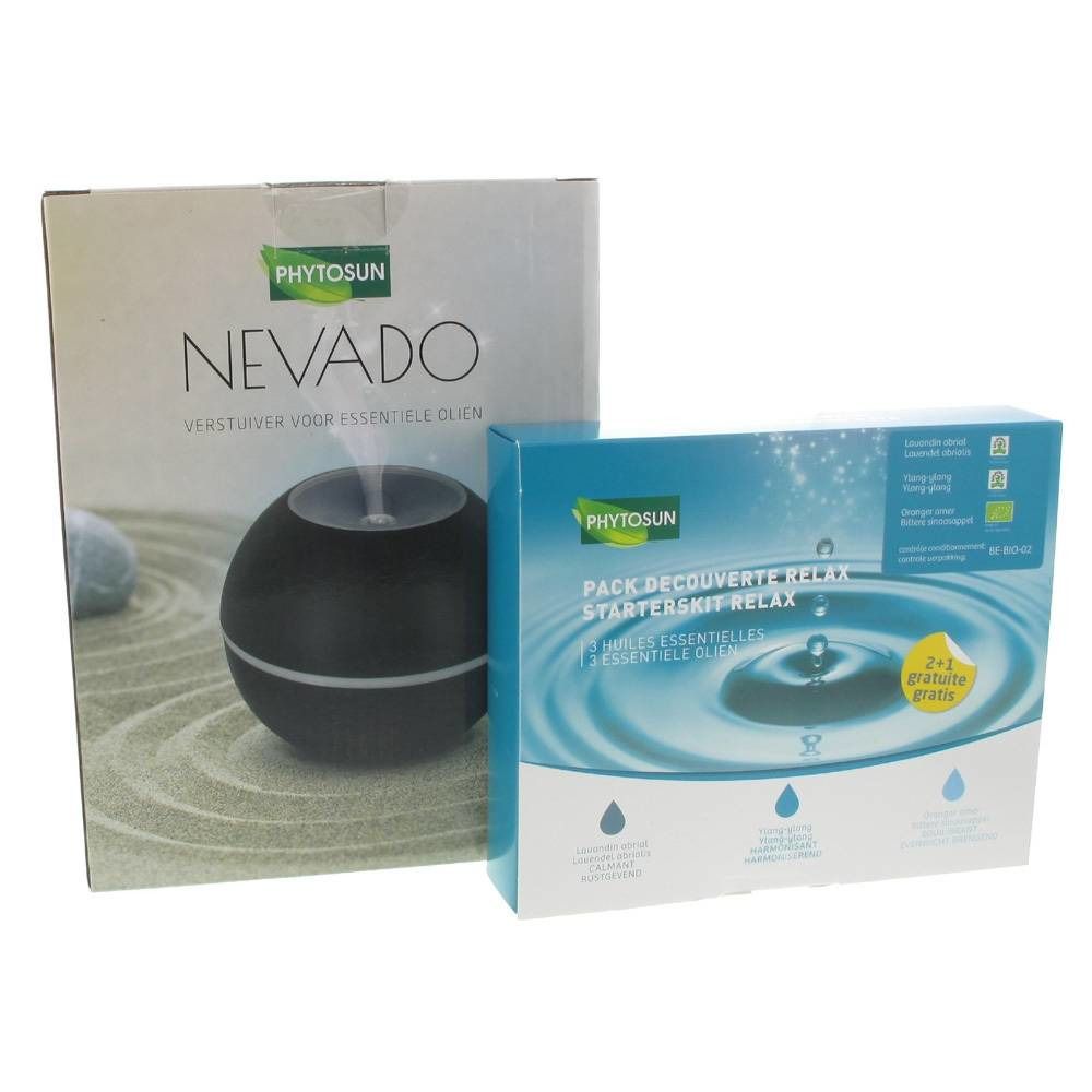 Twee productverpakkingen. Een doos met "NEVADO" en een blauwe doos met "PACK DECOUVERTE RELAX". Beide met het logo "PHYTOSUN".