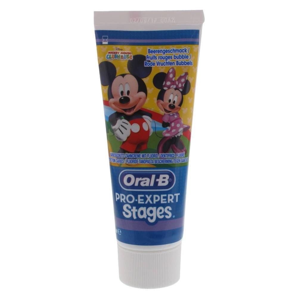 Tandpastatube met Mickey en Minnie. Merk Oral-B Pro-Expert Stages. Met bessensmaak.