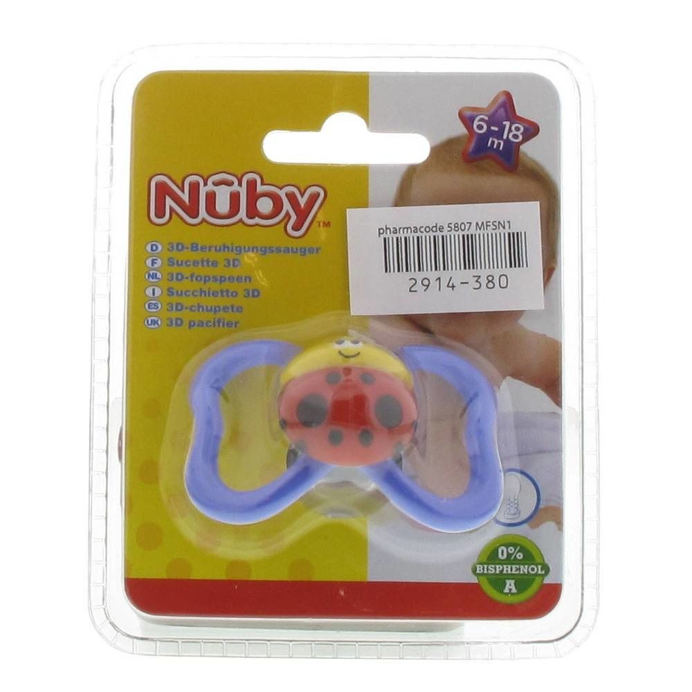 Sucette ovale violette Coccinelle 6-18m, marque Nuby. Emballage avec indication 0% Bisphénol A.