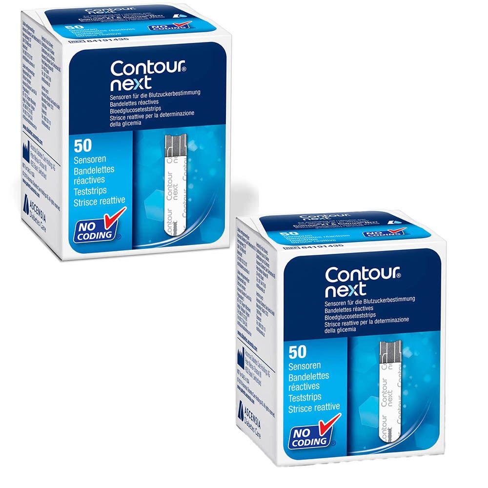 Deux boîtes Bayer Contour Next. Inscription: 50 bandelettes, test. Logo Bayer. "No Coding".