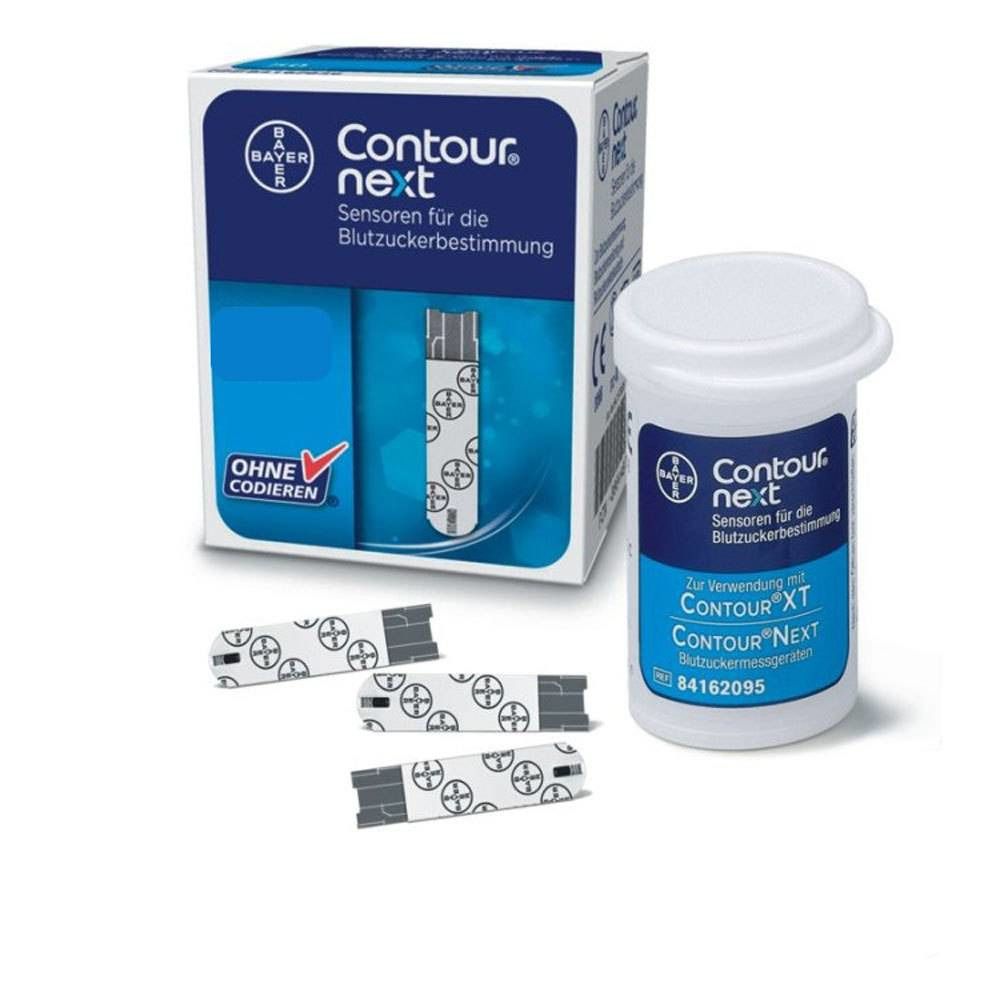 Boîte Bayer Contour Next avec bandelettes et flacon. Inscription: Contour Next, logo Bayer. Sans codage.