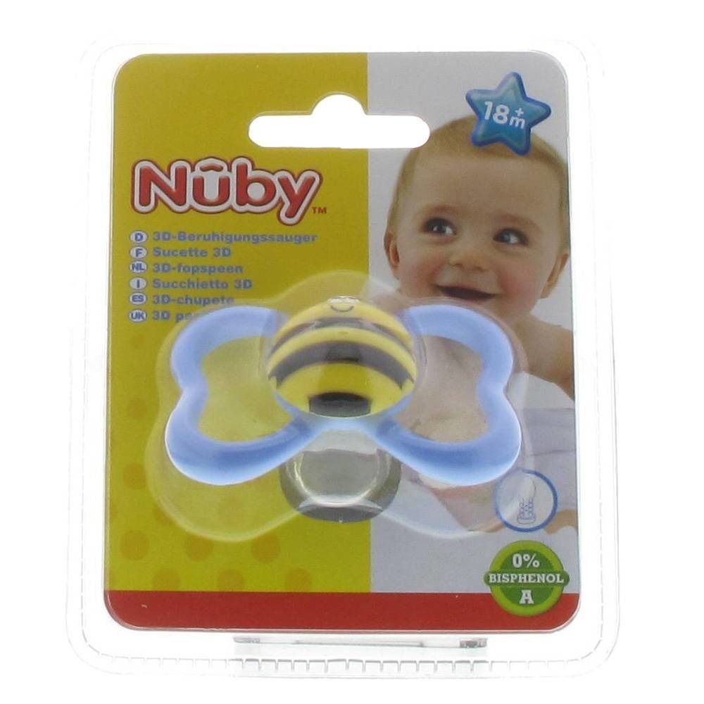 Sucette bleu clair avec motif abeille, emballage. Logo Nûby, photo bébé. Âge: +18m. Sans Bisphénol A.
