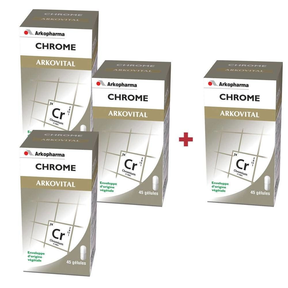 Plusieurs boîtes de CHROME ARKOVITAL. Le logo Arkopharma et le symbole chimique Cr sont visibles sur chaque boîte. 45 gélules.