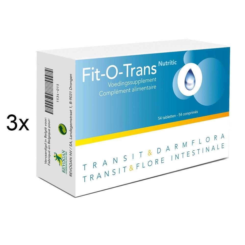 Boîte Fit-O-Trans. Emballage blanc et bleu avec nom du produit, symbole de goutte et texte. Indication 3x.