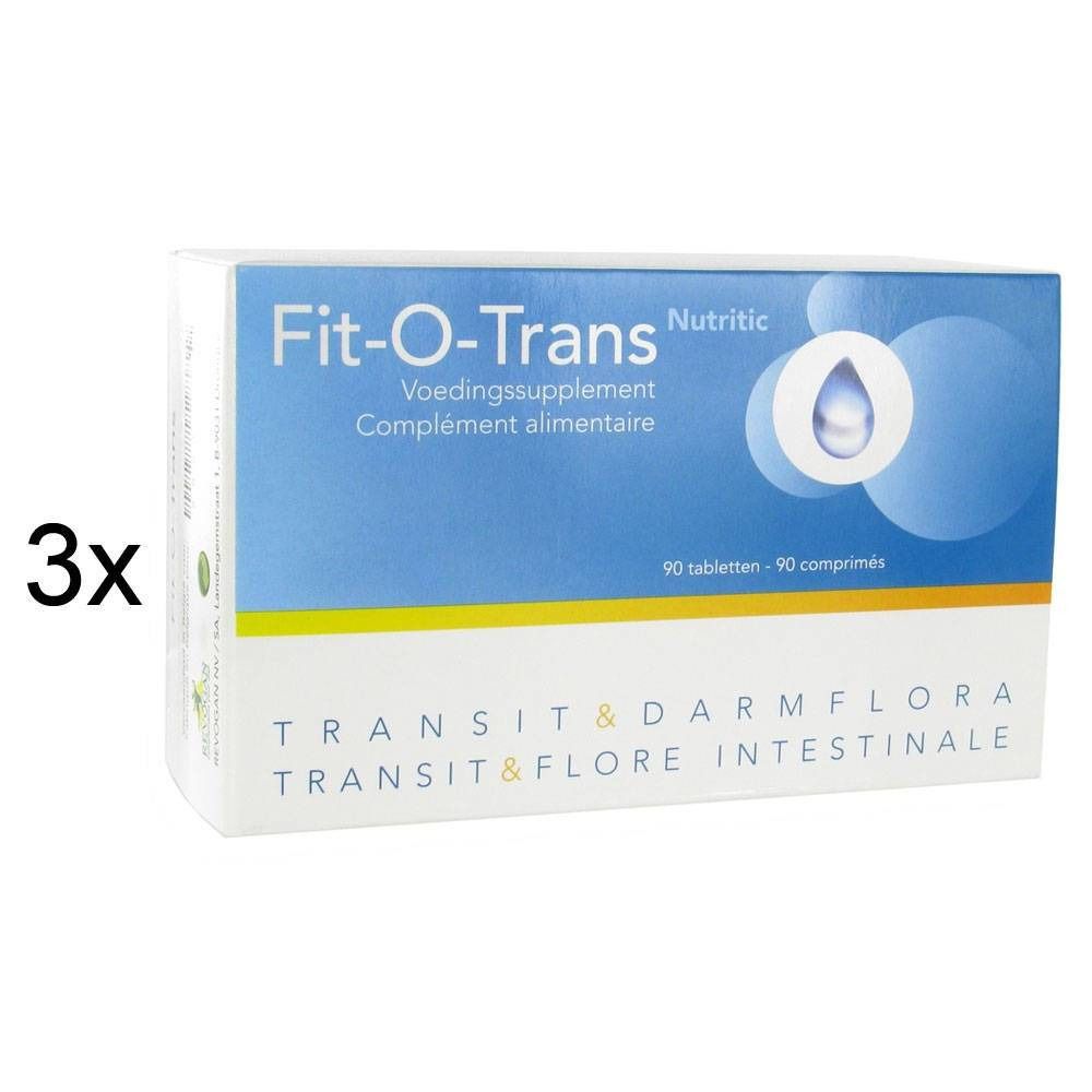 Doos "Fit-O-Trans". Blauw en witte verpakking met productnaam en aanvullende informatie. 3-voudige verpakking.