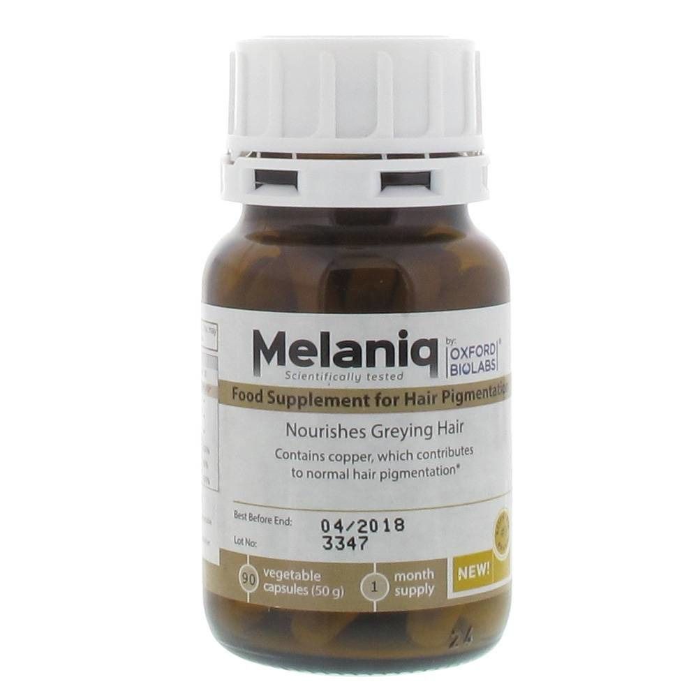 Bruine glazen fles met witte dop. Etiket met "Melaniq" en "Food Supplement for Hair Pigment". Bevat 60 capsules.