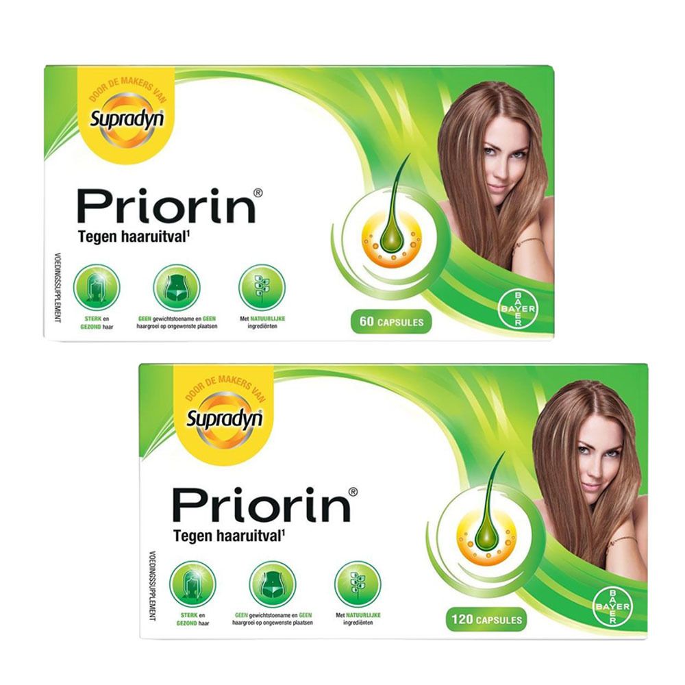 Twee dozen voedingssupplementen. Opschrift: Priorin. Eén doos met 60 capsules, één met 120 capsules.