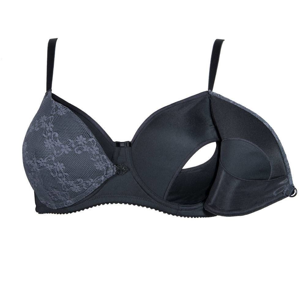 Soutien-gorge gris avec dentelle, à armatures. Partiellement ouvert, montrant l'intérieur. Vue latérale.