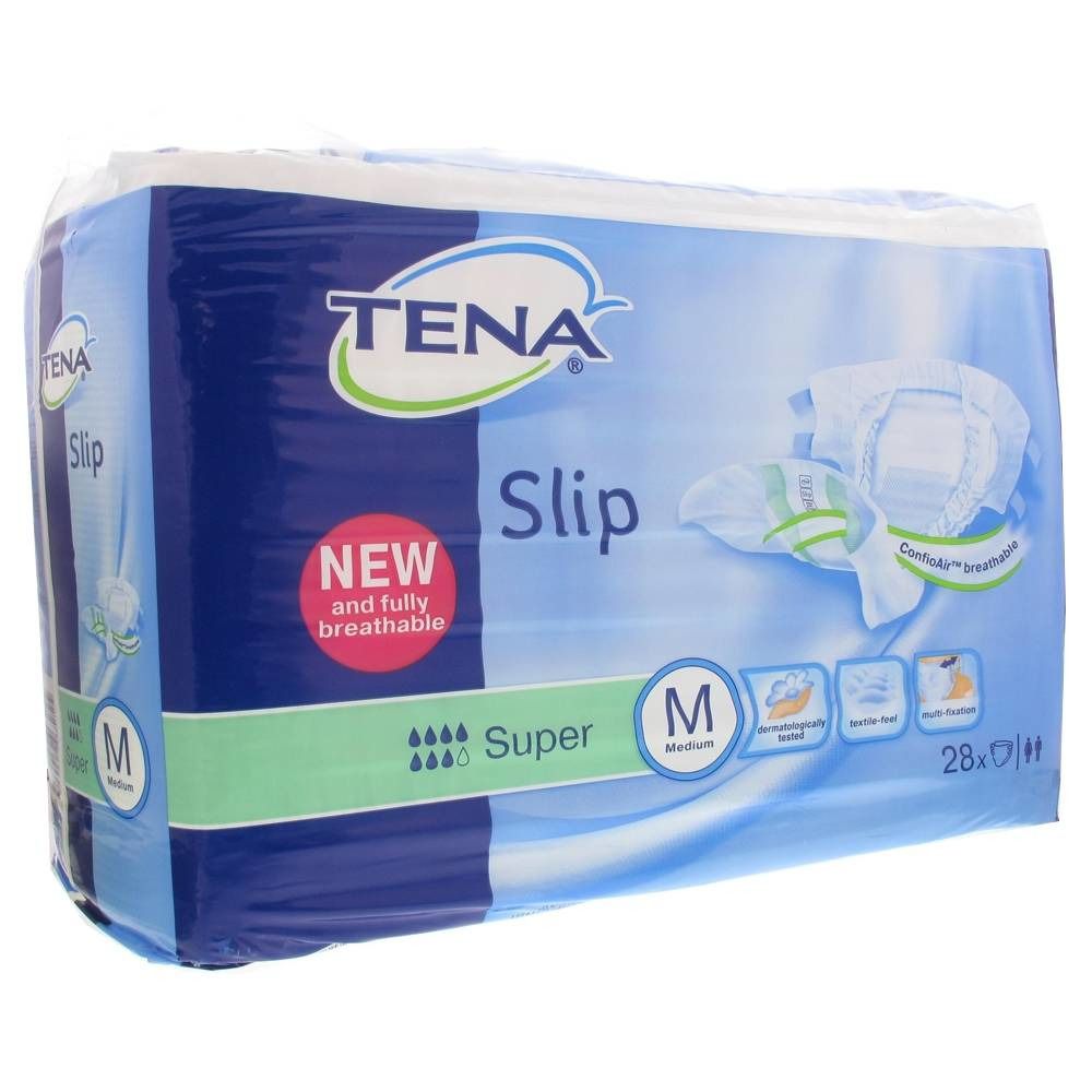 Paquet de protections TENA Slip. Inscription : TENA, Slip, Super, M, nouveau et entièrement respirant. Contient 28 pièces.