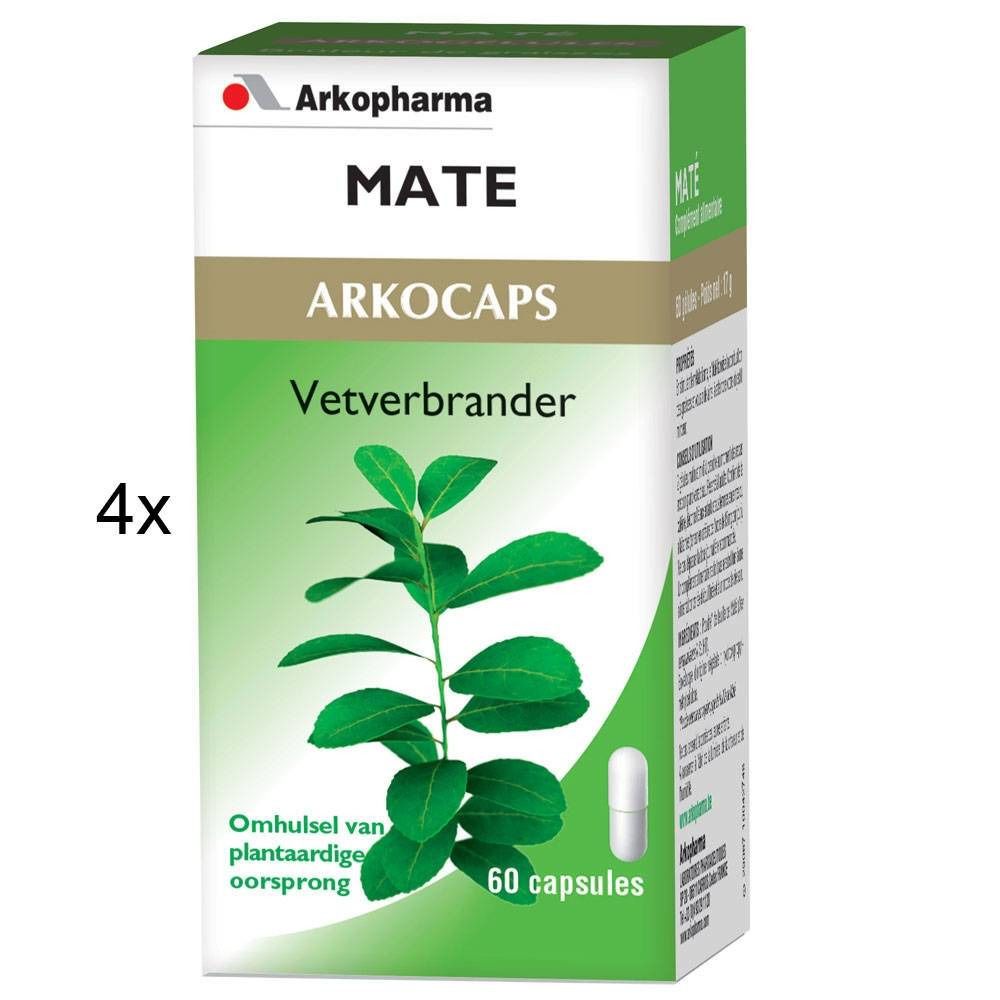 Boîte Arkocaps Mate. Inscription Mate, Arkocaps, Vetverbrander. Pack de 4. 60 capsules. Enveloppe d'origine végétale.