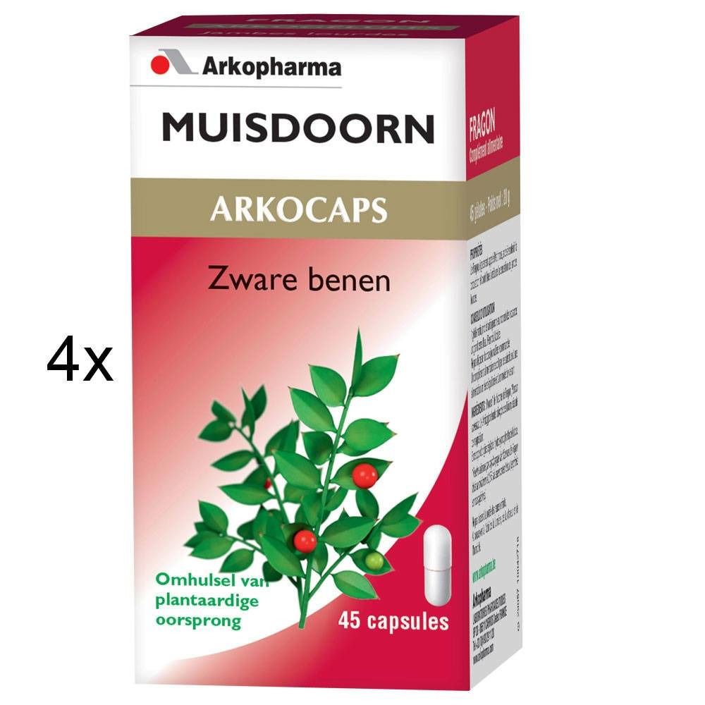Boîte de Arkocaps Muizdoorn. Inscription: Zware benen. Contient 45 capsules. Illustration d'une plante avec des baies rouges et une capsule.