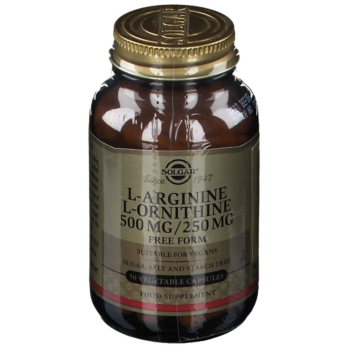 Flacon en verre brun avec couvercle doré. Inscription : L-Arginine/L-Ornithine 500 mg/250 mg. Marque : Solgar.