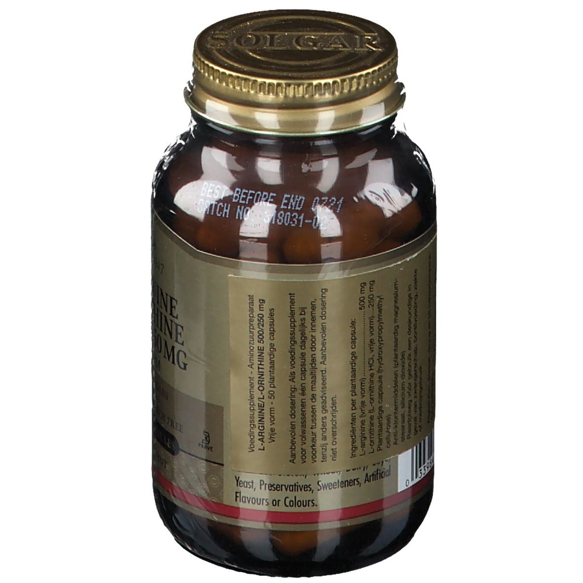 Dos d'un flacon en verre brun avec couvercle doré. Texte : L-Arginine/L-Ornithine 500 mg/250 mg. Informations multilingues.