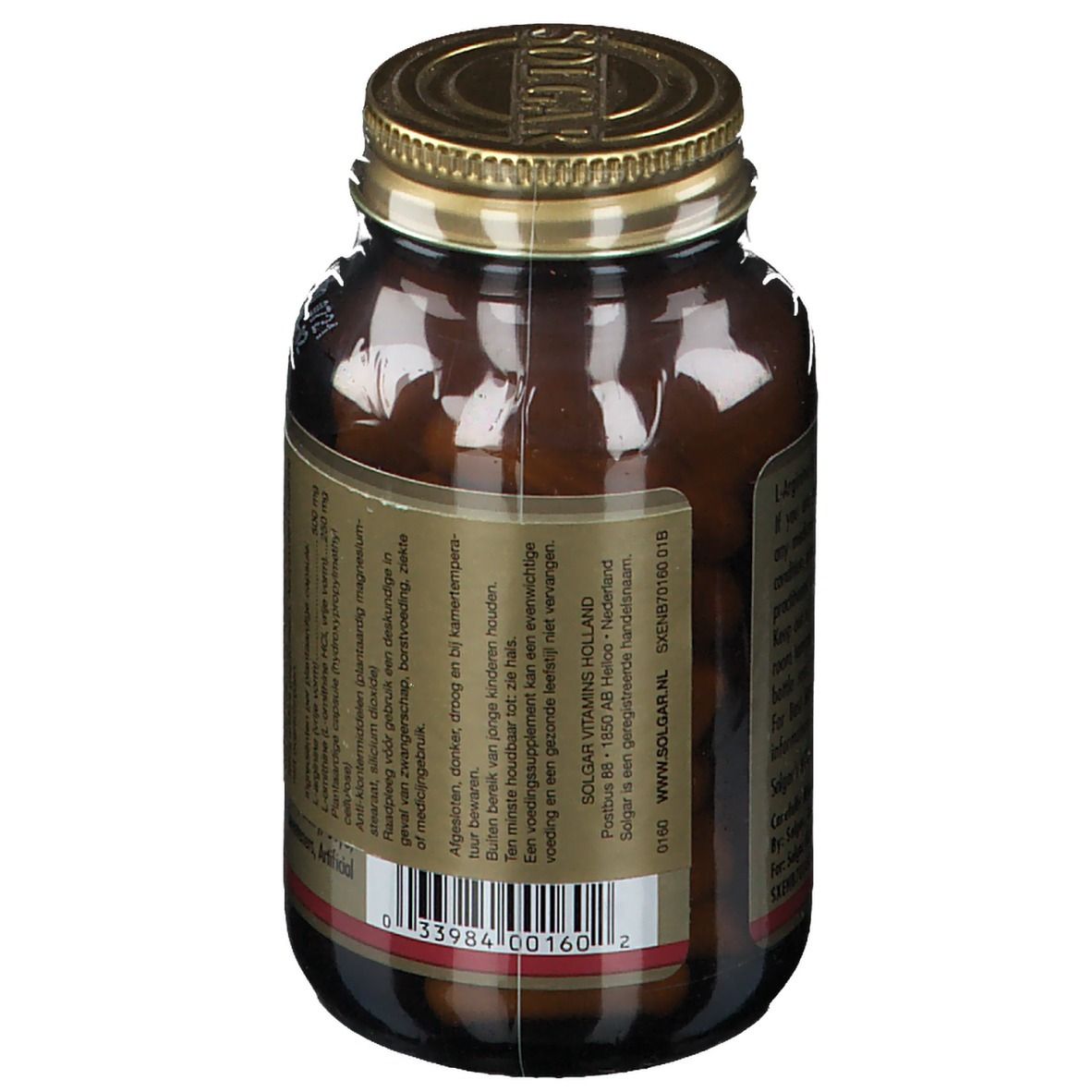 Dos d'un flacon en verre brun avec couvercle doré. Texte : informations sur le produit. Marque : Solgar.