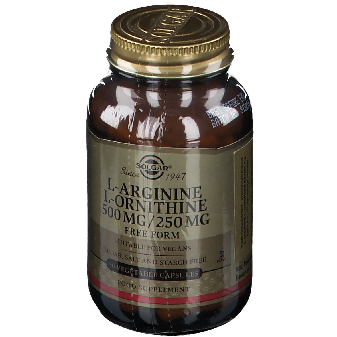 Flacon en verre brun avec couvercle doré. Inscription : L-Arginine/L-Ornithine 500 mg/250 mg. Marque : Solgar.