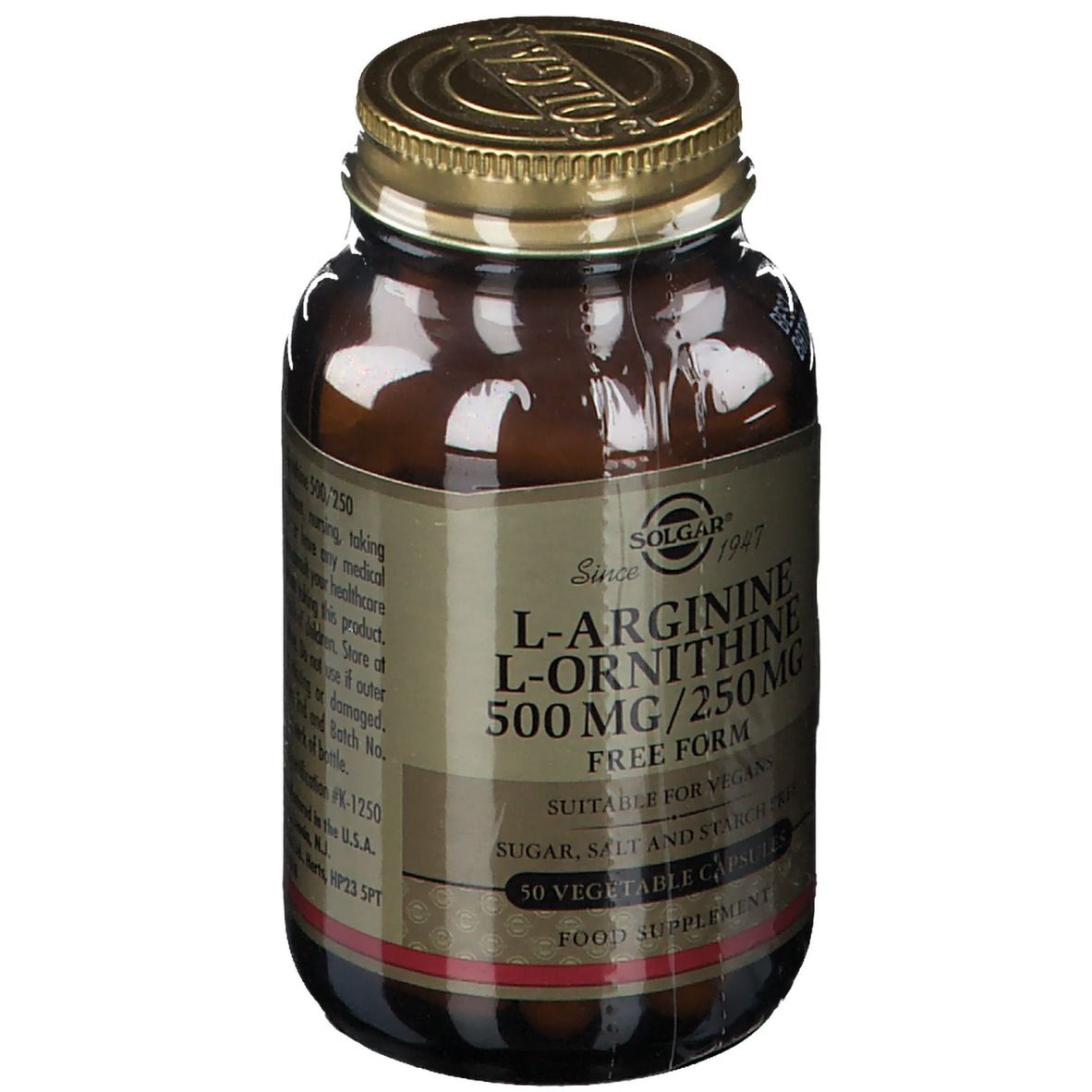 Flacon en verre brun avec couvercle doré. Inscription : L-Arginine/L-Ornithine 500 mg/250 mg. Marque : Solgar.