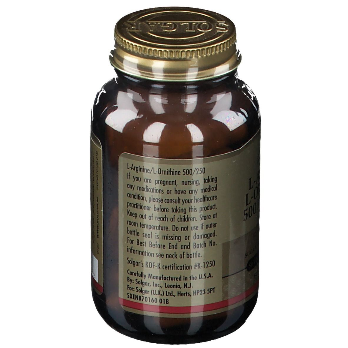 Dos d'un flacon en verre brun avec couvercle doré. Texte : informations sur le produit. Marque : Solgar.