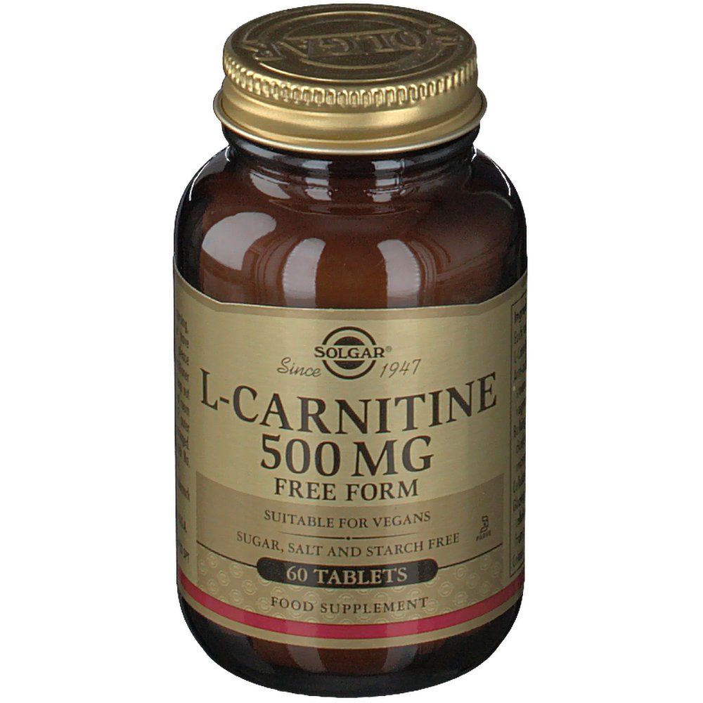 Braune Glasflasche mit goldfarbenem Deckel. Etikett mit "L-Carnitine 500 MG" und "60 Tablets". Marke: Solgar.