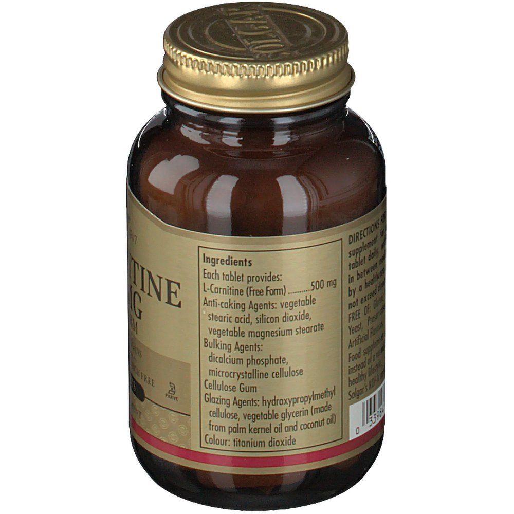 Rückseite der Flasche. Etikett mit Zutatenliste, darunter L-Carnitin. Marke: Solgar. Braune Glasflasche mit goldfarbenem Deckel.