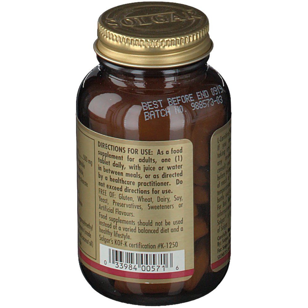 Rückseite der Flasche. Etikett mit Gebrauchsanweisung und Kof-K Zertifizierung. Braune Glasflasche mit goldfarbenem Deckel.