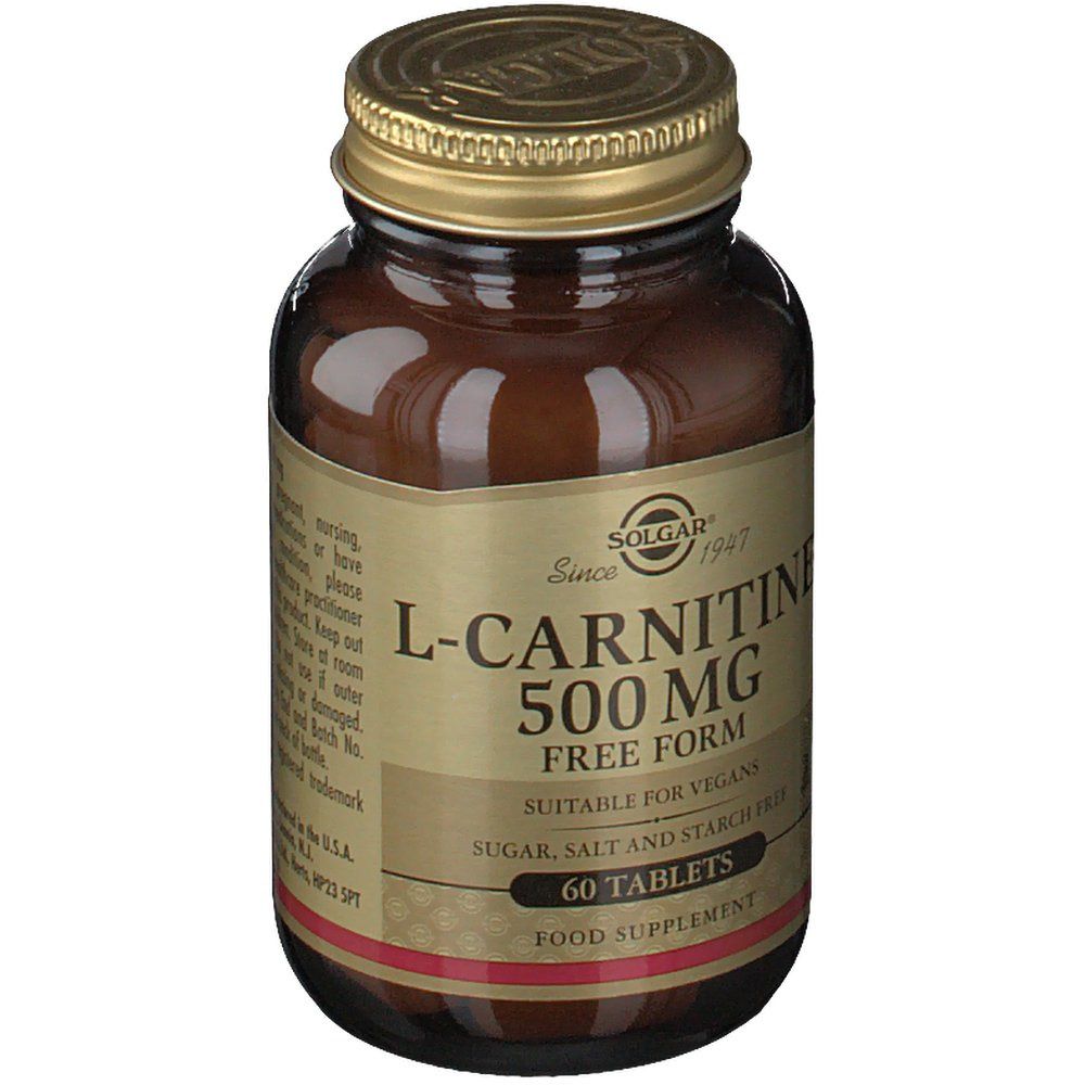 Braune Glasflasche mit goldfarbenem Deckel. Etikett mit "L-Carnitine 500 MG" und "60 Tablets". Marke: Solgar.