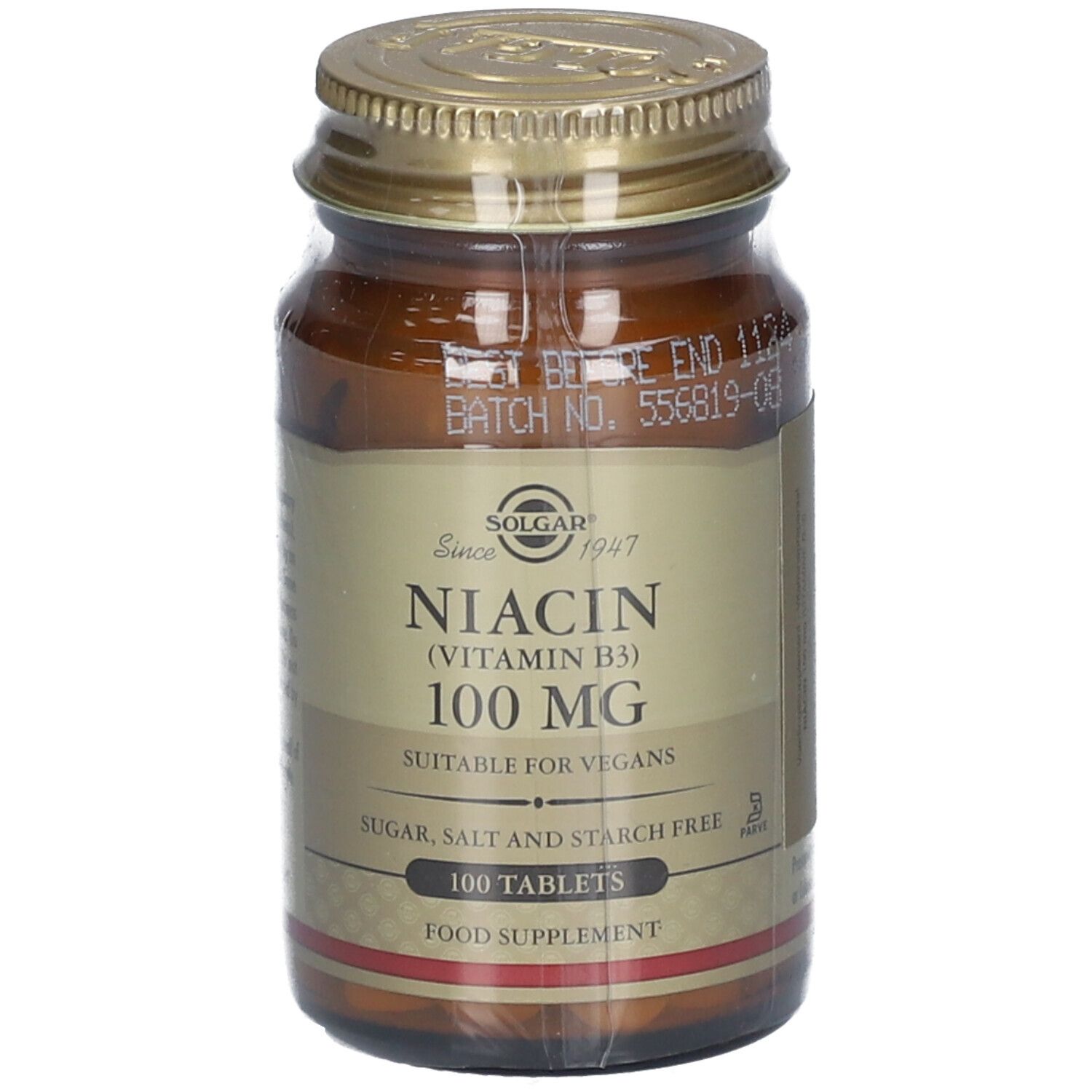 Bruine glazen fles met gouden dop. Etiket met "Niacine (Vitamine B3) 100 MG" en "100 tabletten". Geschikt voor veganisten.