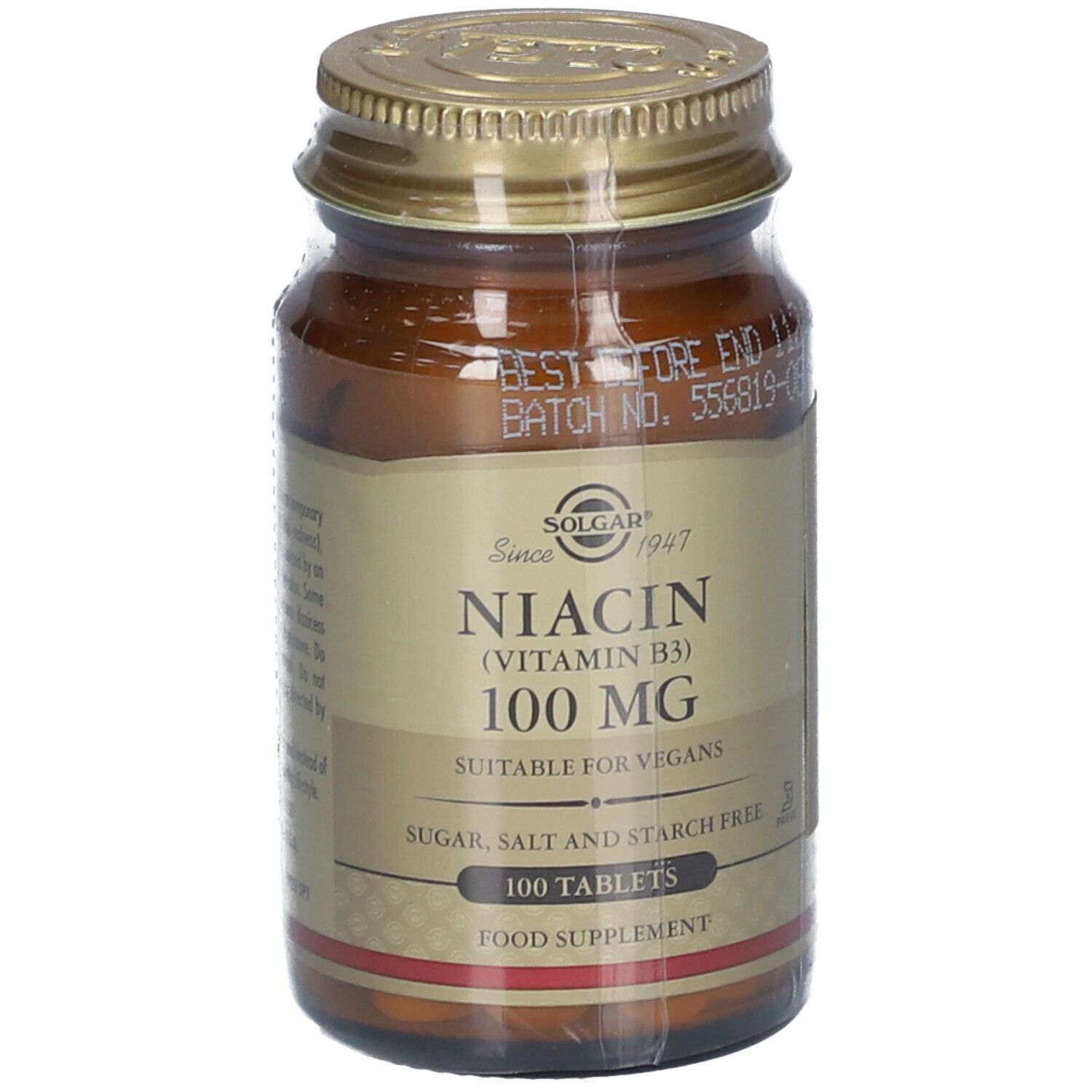 Bruine glazen fles met gouden dop. Etiket met "Niacine (Vitamine B3) 100 MG" en "100 tabletten". Geschikt voor veganisten.