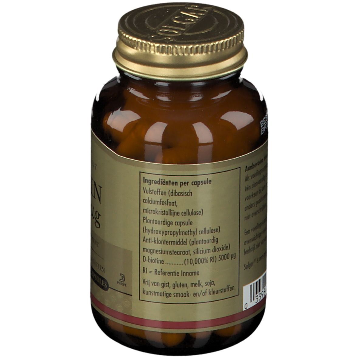 Achterkant van de fles. Ingrediëntenlijst: biotine, calciumfosfaat, microkristallijne cellulose, etc. 50 capsules.