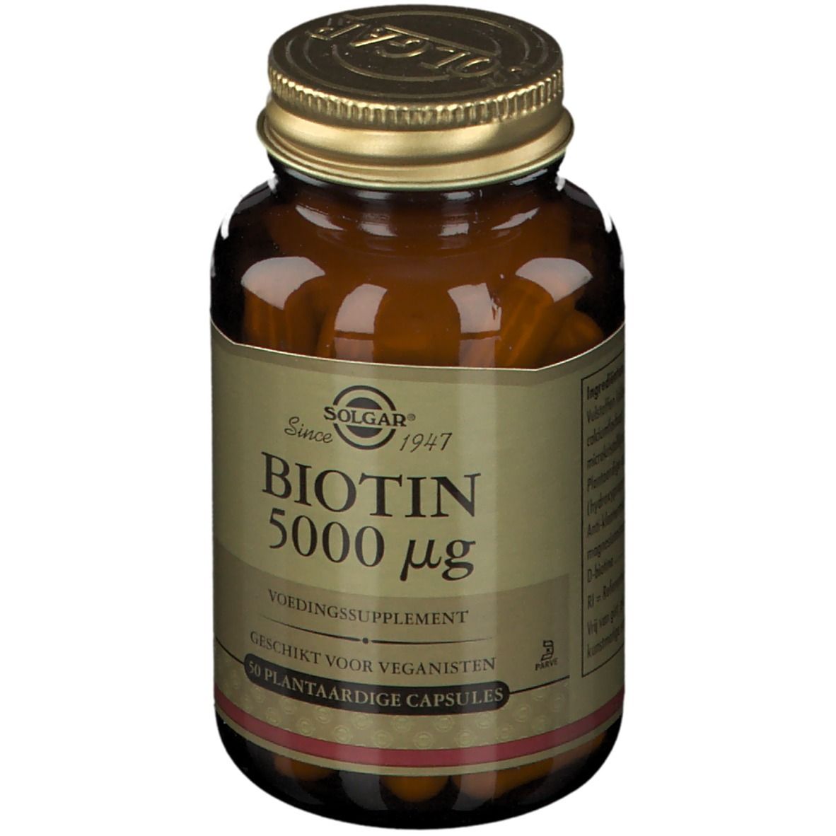 Bruine glazen fles met gouden dop. Opschrift: Biotine 5000 mcg, Solgar. 50 plantaardige capsules.