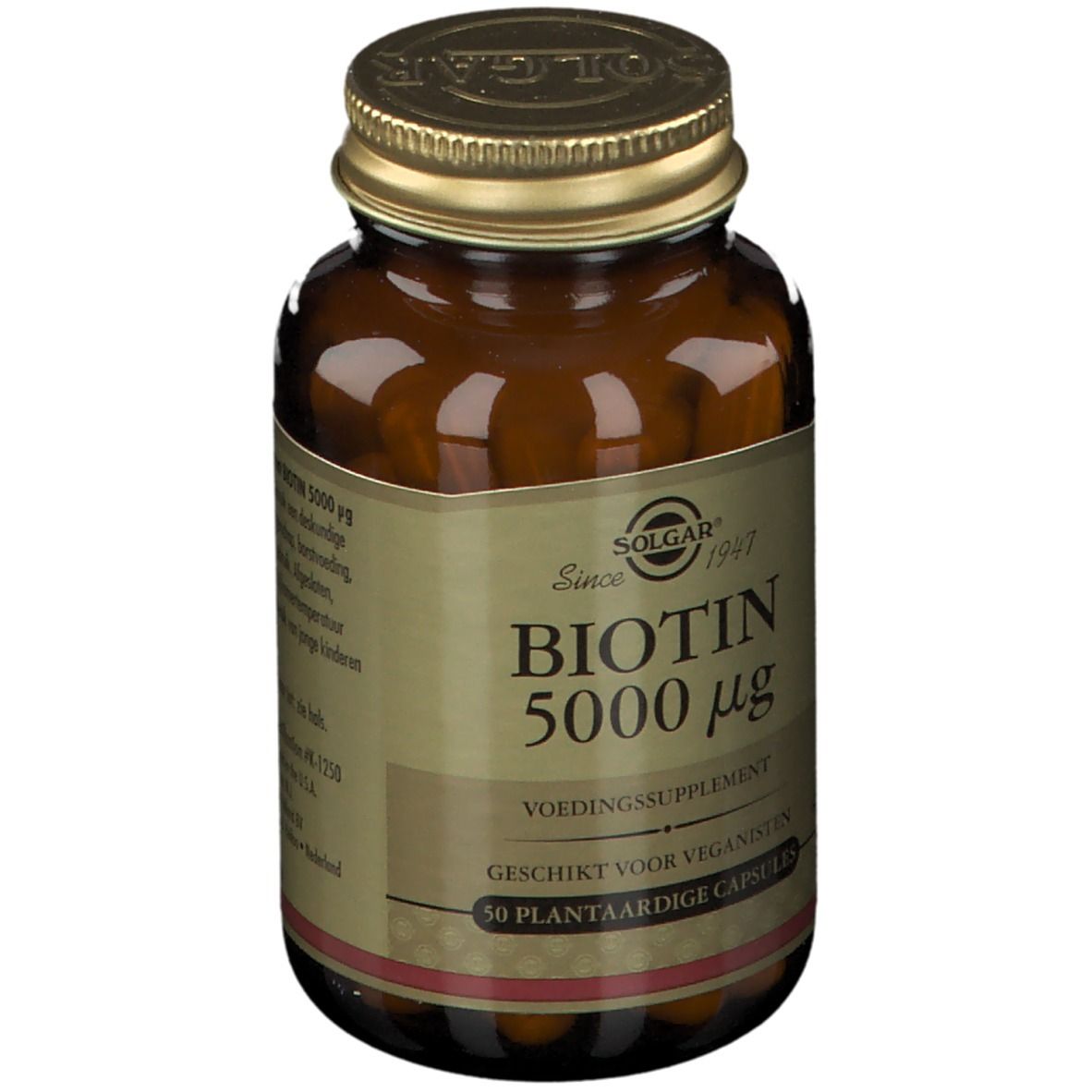 Bruine glazen fles met gouden dop. Opschrift: Biotine 5000 mcg, Solgar. 50 plantaardige capsules.