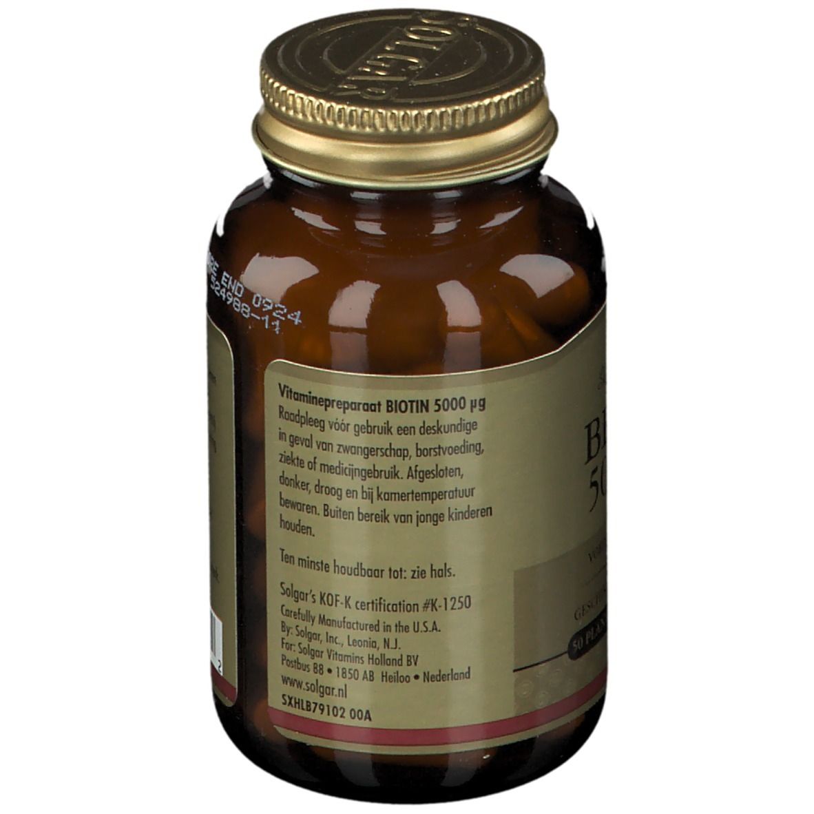 Achterkant van de fles. Vitamine-informatie. KDF-K-certificering. Solgar-merk. Streepjescode.