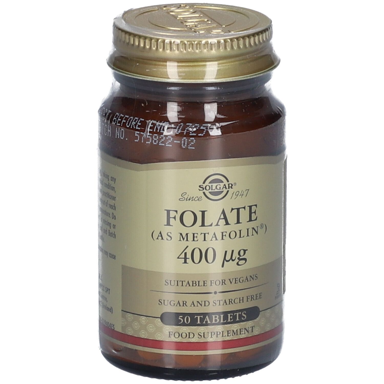 Flacon en verre brun avec bouchon doré. Étiquette SOLGAR, Folate 400 µg, 50 comprimés. Convient aux végétaliens.