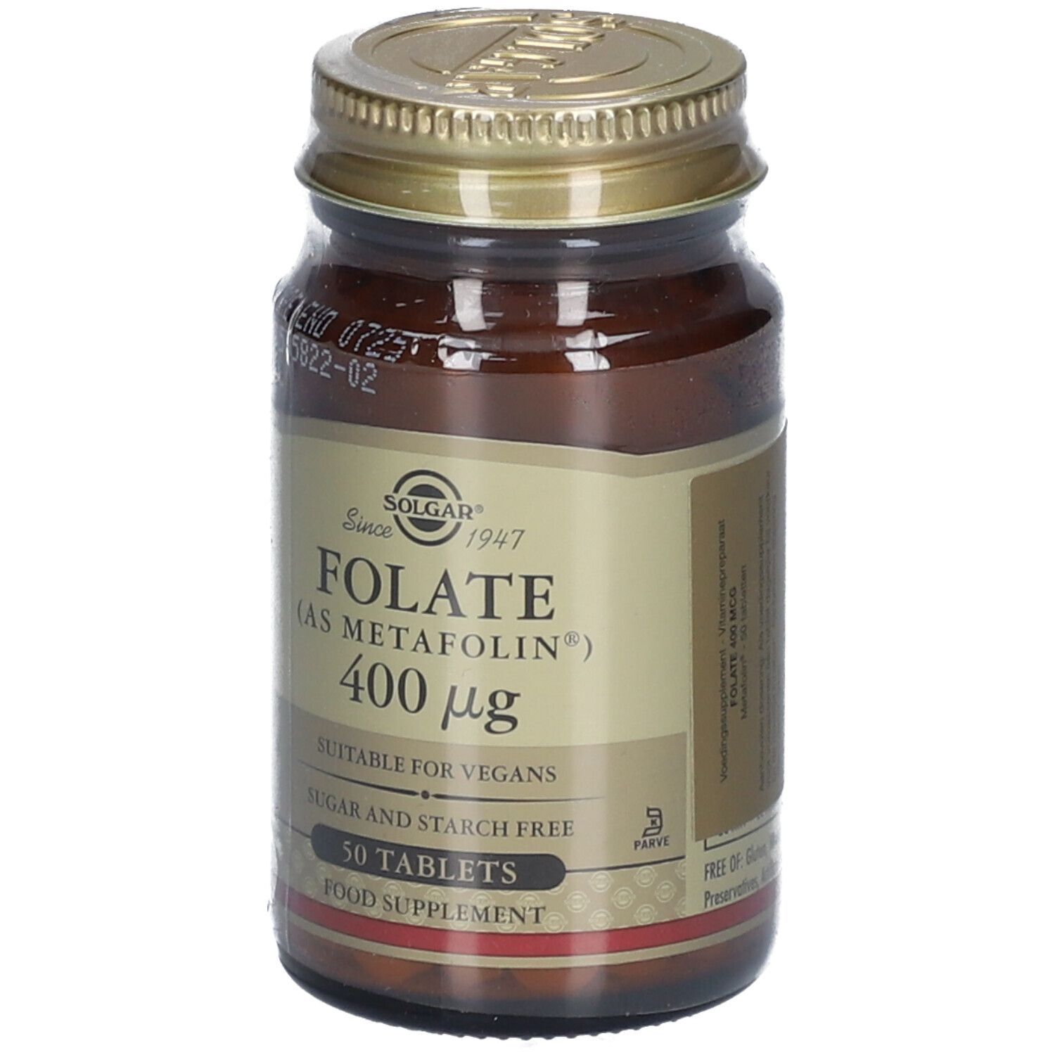 Flacon en verre brun avec bouchon doré. Étiquette SOLGAR, Folate 400 µg, 50 comprimés. Convient aux végétaliens.