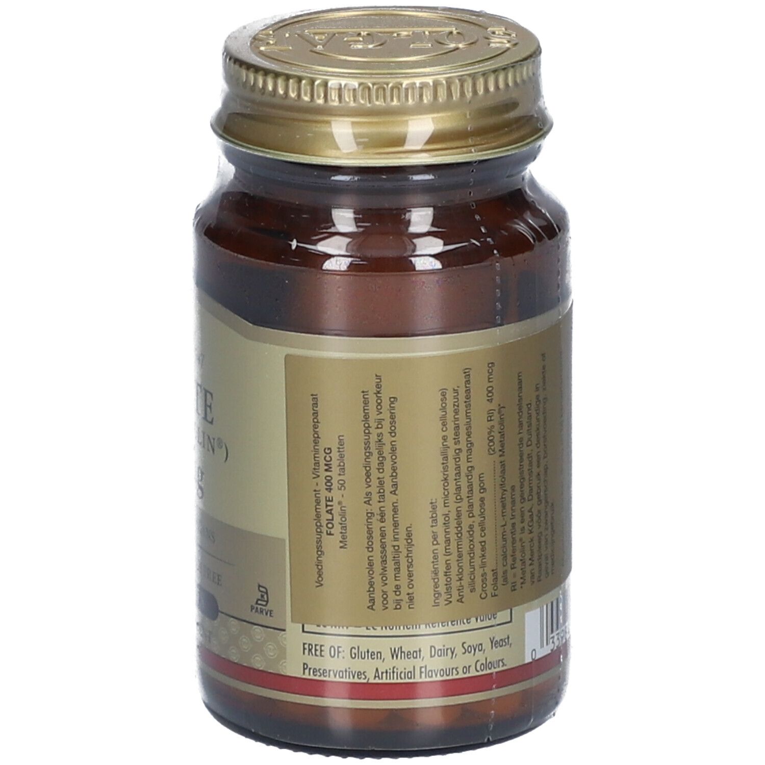 Dos d'un flacon en verre brun avec bouchon doré. Étiquette avec ingrédients, informations nutritionnelles et autres informations.